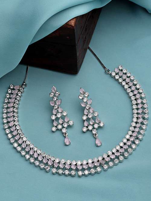 karatcart silver tone pink american diamond necklace set  - 18635840 - Very Small Image - 1