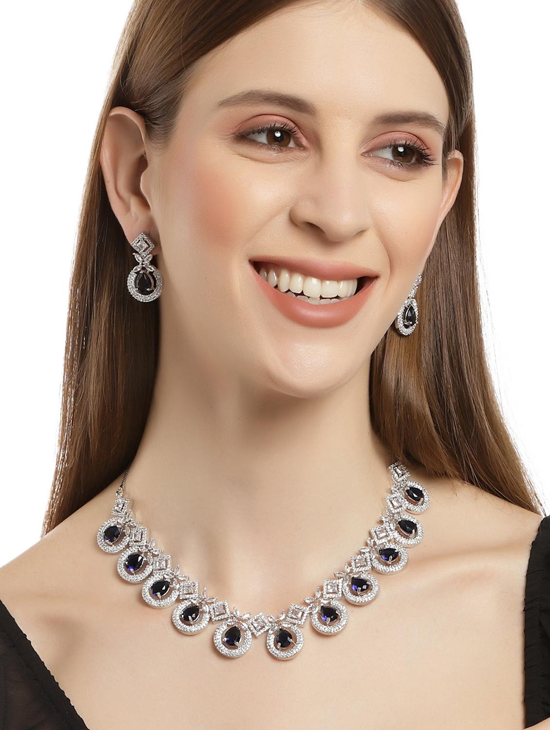 karatcart silver tone blue american diamond studded necklace set - 18635848 - Zoom Image - 5
