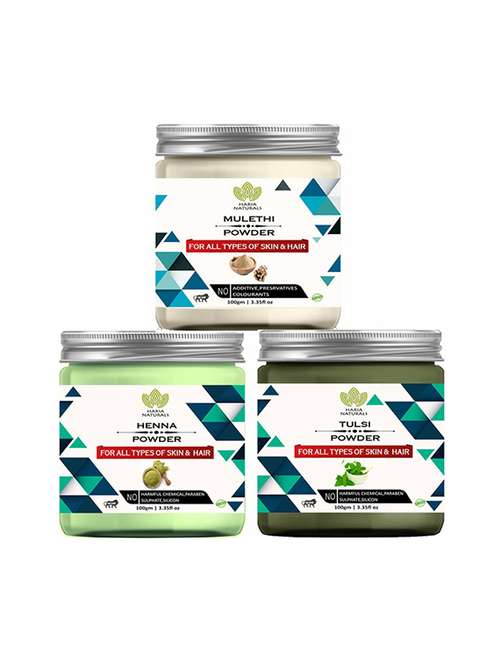 100% pure & naturals mulethi powder 100gm & henna powder 100gm & tulsi powder 100gm (pack of 3) 300gm - 18639088 - Very Small Image - 1