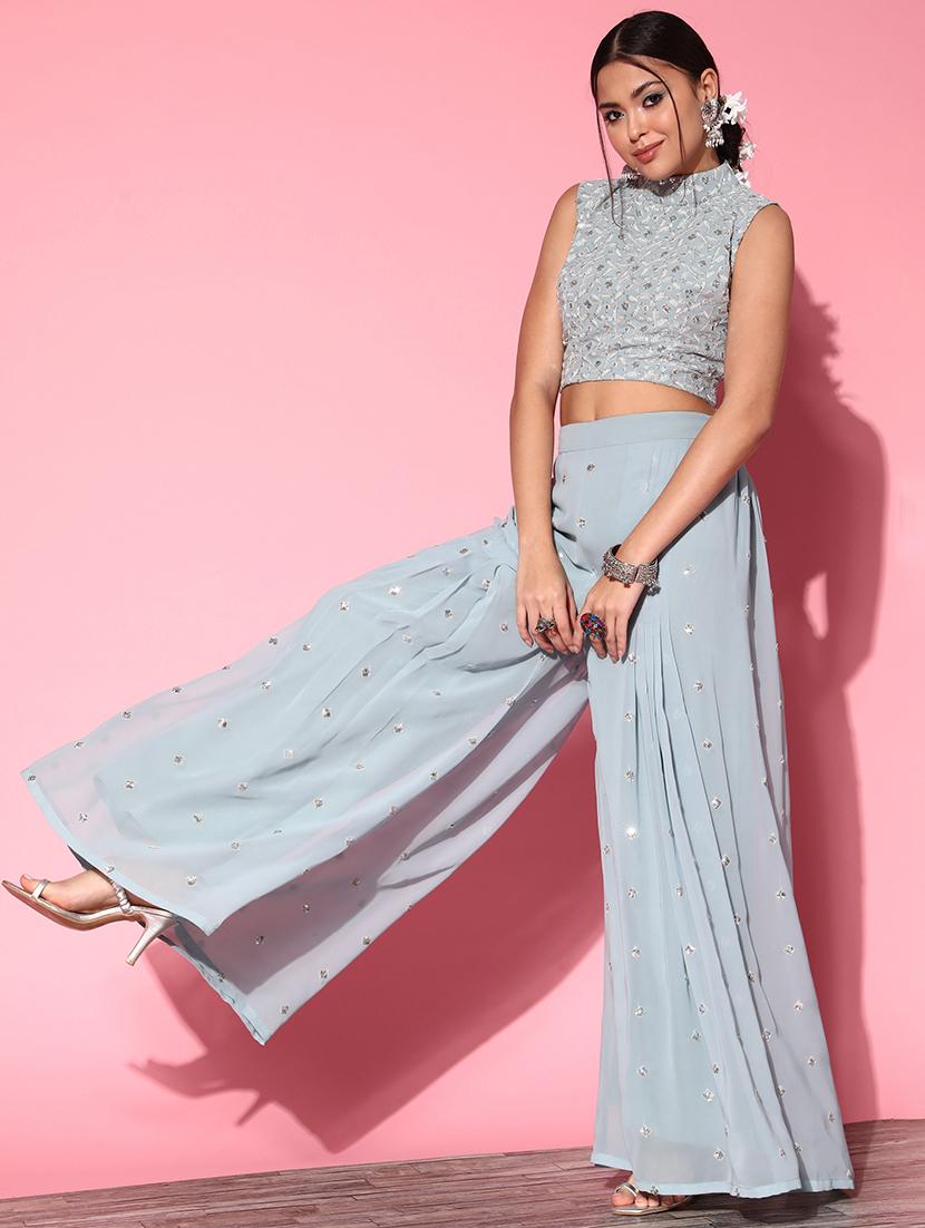 blue top palazzo set with dupatta - 18738966 - Zoom Image - 2