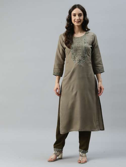 women olive round neck kurta pant set - 18743724 - Very Small Image - 1
