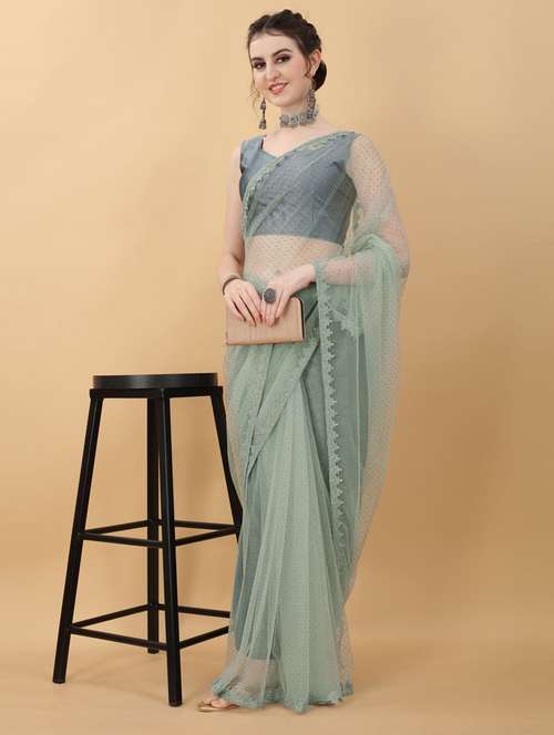 green lace bordered net saree with blouse - 18790317 - Very Small Image - 1