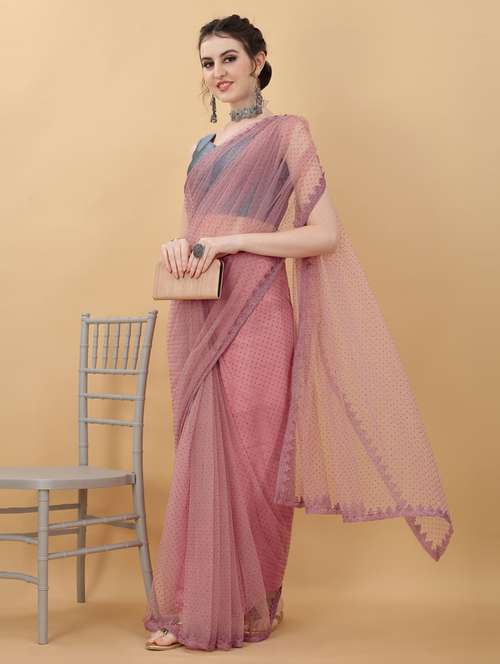 pink lace bordered net saree with blouse - 18790318 - Very Small Image - 1
