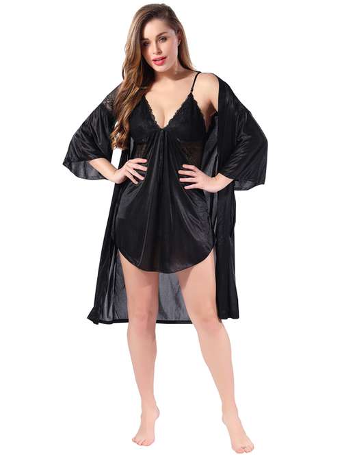solid black night dress with robe set - 18801307 - Very Small Image - 1