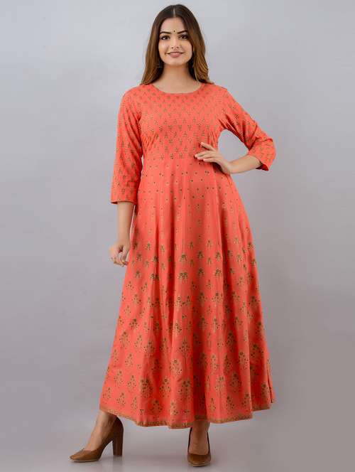 peach printed flared kurta - 18873652 - Very Small Image - 1