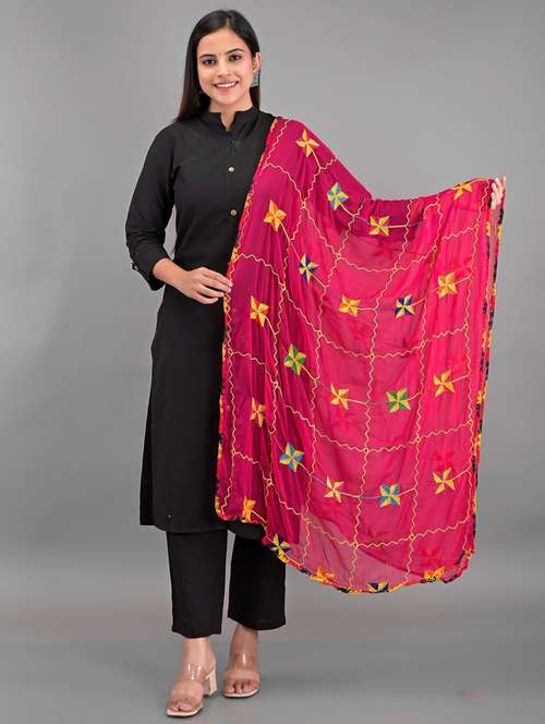 pink phulkari embroidered dupatta - 18906654 - Very Small Image - 1