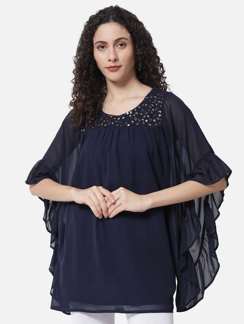 women's navy regular fit round neck top - 19082703 - Very Small Image - 1