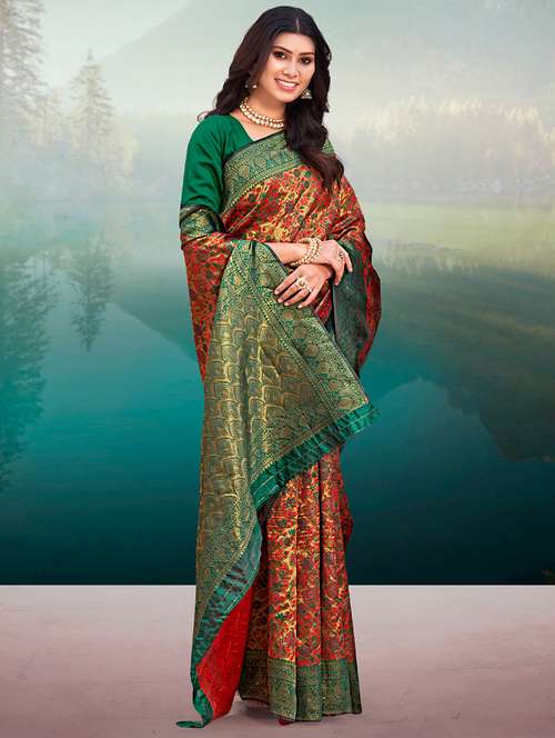 women's self design red colored saree with blouse - 19100613 - Very Small Image - 1