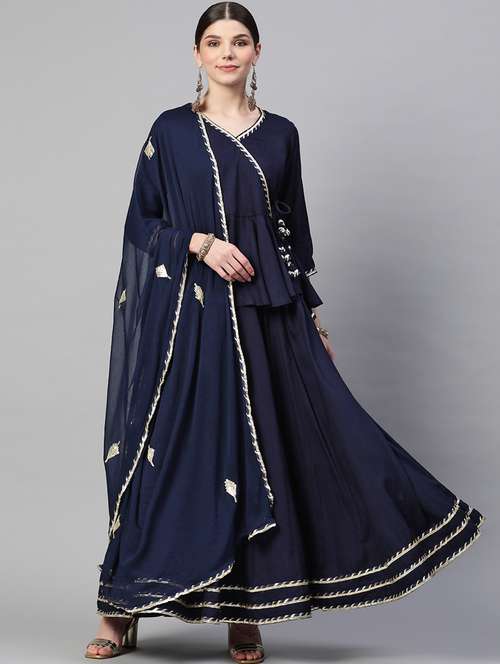 blue solid flared lehenga - 19145289 - Very Small Image - 1