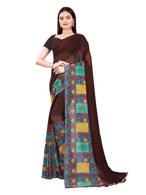 women's solid brown colored saree with blouse - 19280753 - Very Small Image - 1