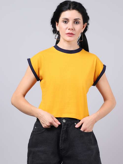 yellow round neck solid crop top - 19313730 - Very Small Image - 1