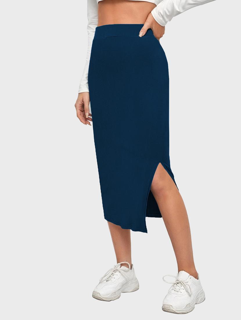blue solid side slit skirt - 19414529 - Zoom Image - 2