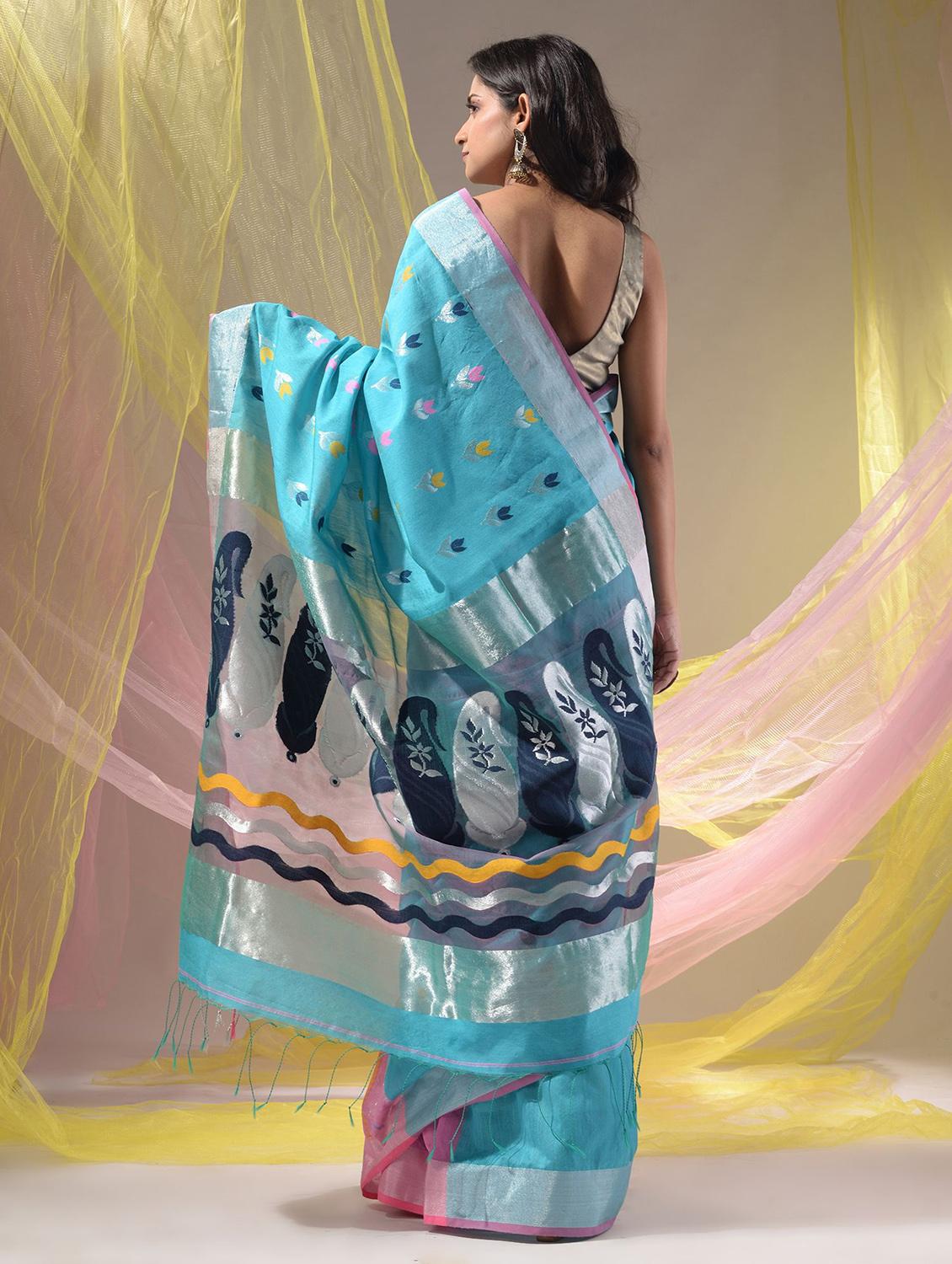 women's self design light blue colored saree with blouse - 19418191 - Standard Image - 3