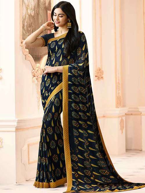blue georgette printed saree with blouse - 19555280 - Very Small Image - 1