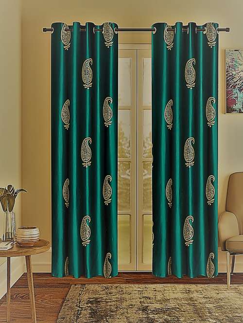 home sizzler 2 pieces hand block gold paisley printed eyelet polyester door curtains-7 feet, turquoise green - 19643297 - Very Small Image - 1