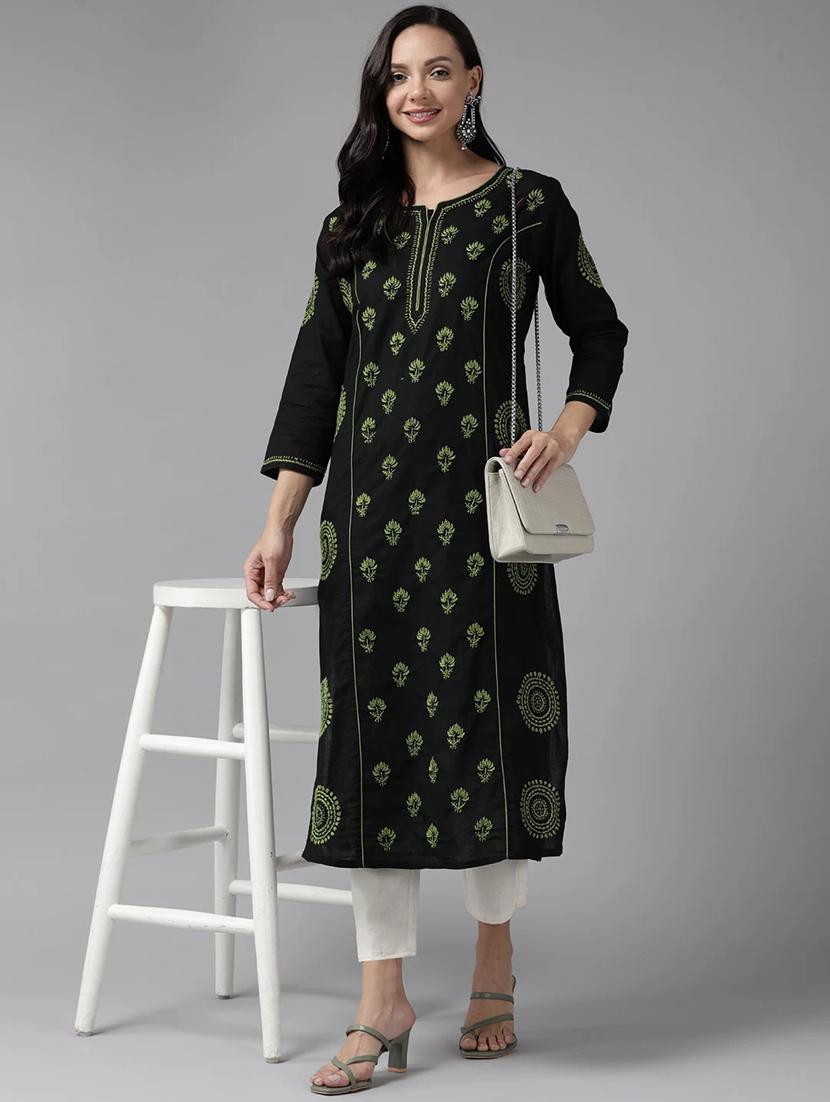black long women chikankari straight kurta - 19775839 - Standard Image - 3