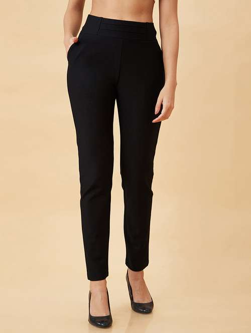 globus women black stretchable skinny fit workwear treggings with pockets - 19780366 - Very Small Image - 1