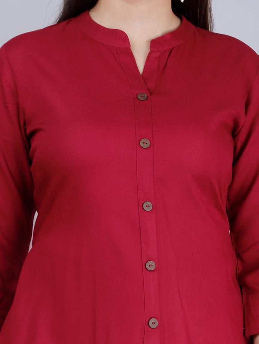 maroon solid three quarter sleeve kurta palazzo set - 19847399 - Standard Image - 3