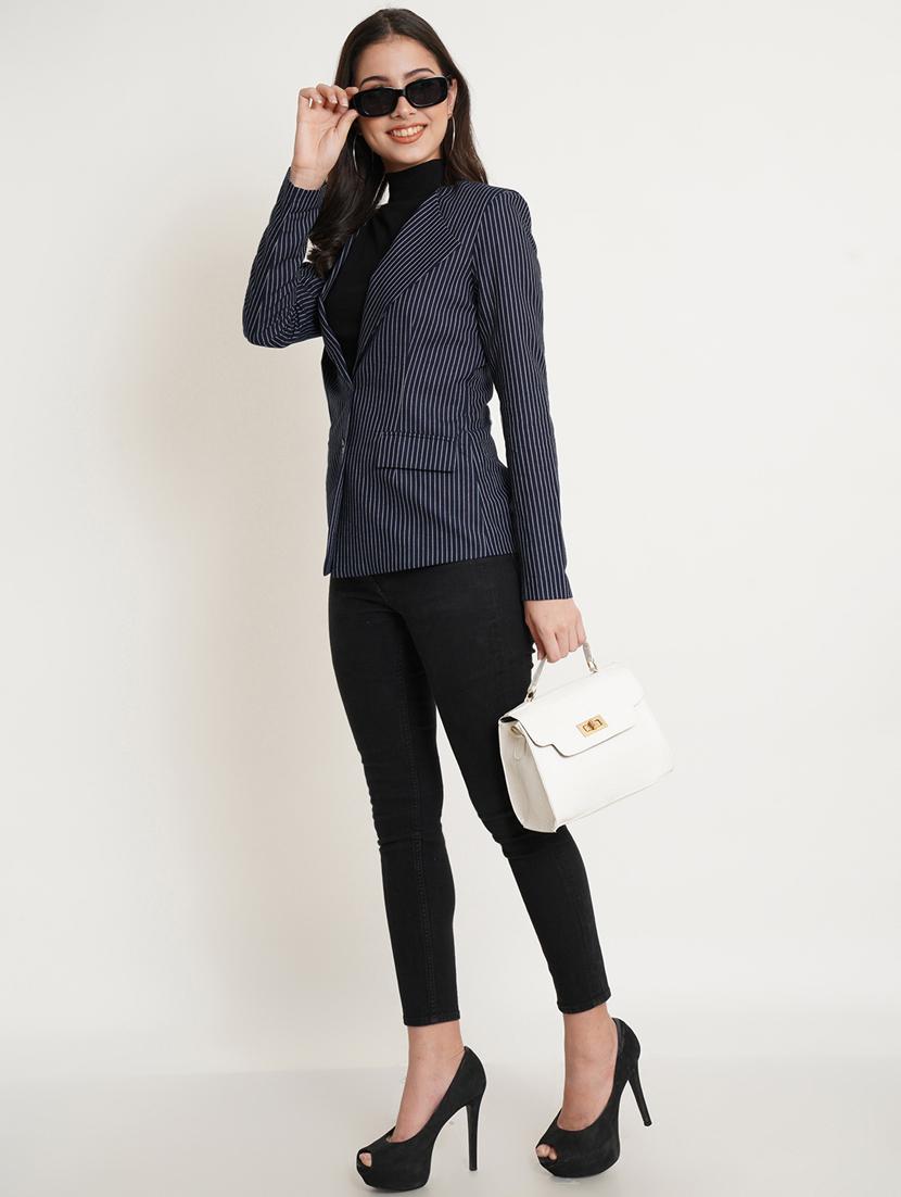 lapel collar striped casual blazer - 19891613 - Zoom Image - 3