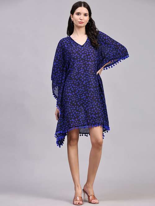 blue printed relaxed fit v-neck kaftan dress - 19967958 - Very Small Image - 1