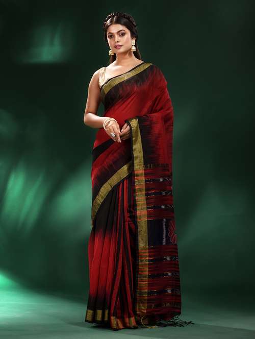 red cotton blend saree with blouse - 19993529 - Very Small Image - 1