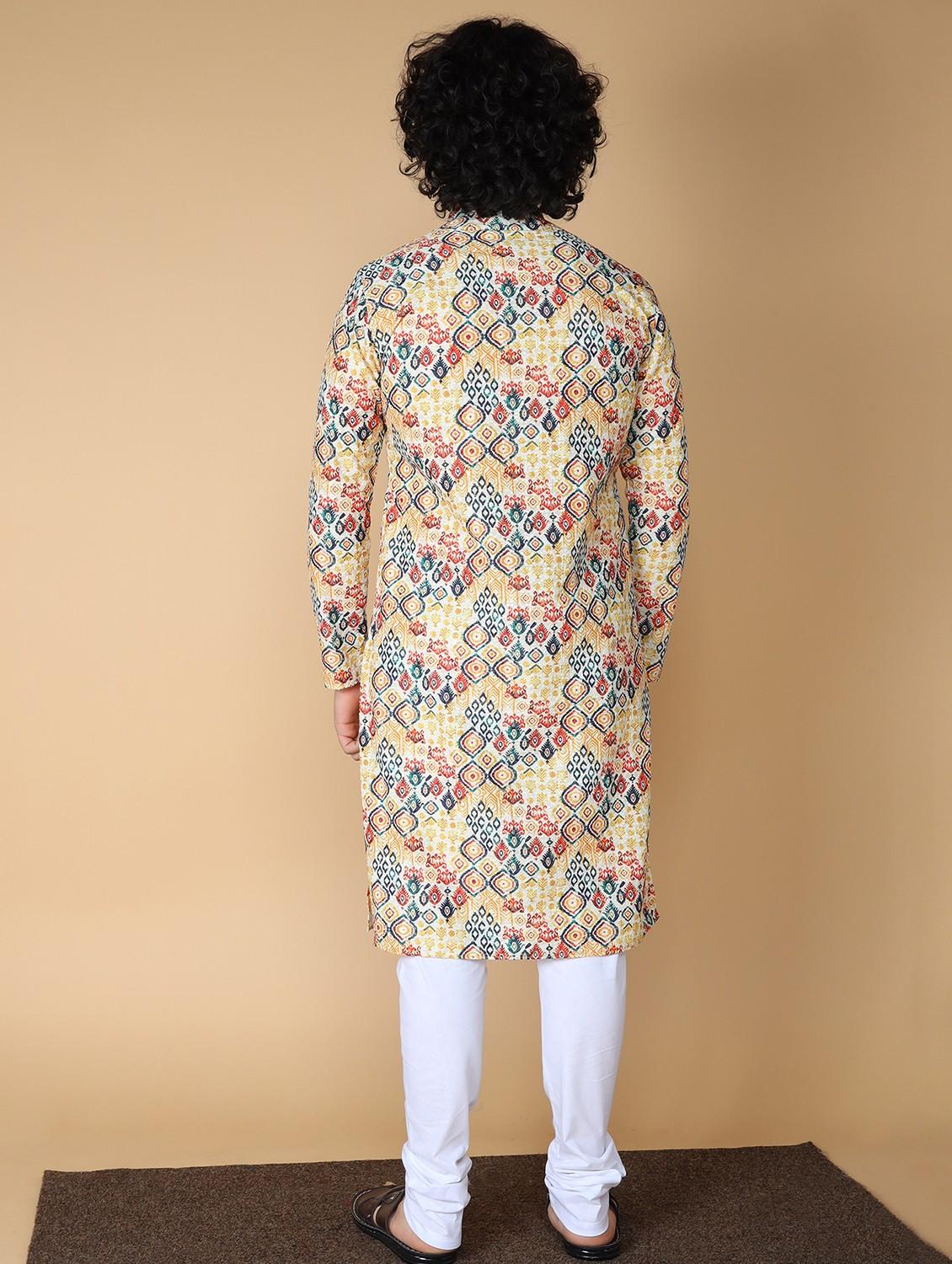 namaskar cotton full sleeve chikankari embroidery knee length yellow kurta for men - 20011625 - Zoom Image - 2