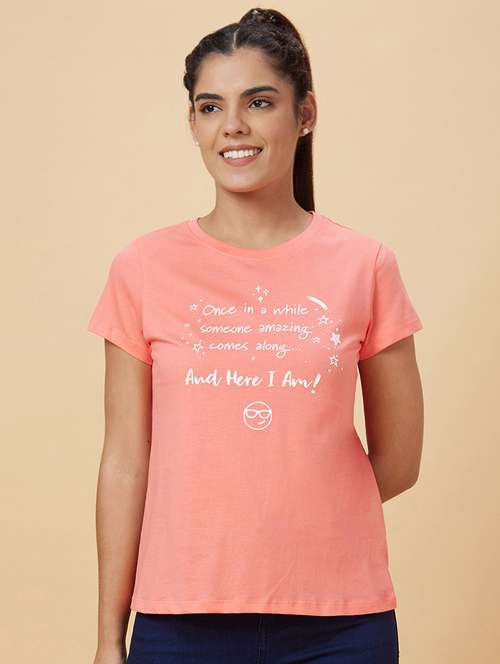 women's chest print round neck t-shirt - 20019095 - Very Small Image - 1