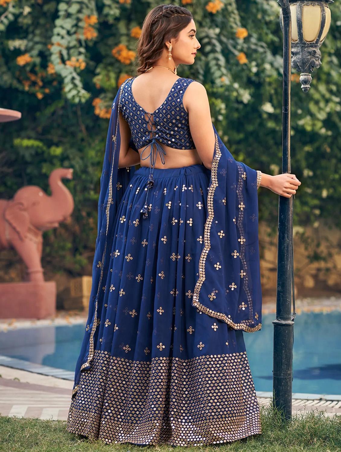 blue self design semi-stitched flared lehenga - 20078152 - Zoom Image - 3