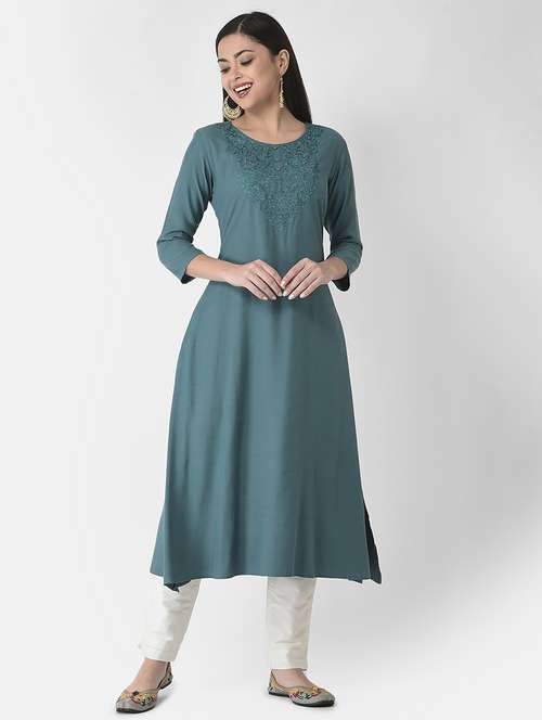 round neck solid a-line kurta - 20083176 - Very Small Image - 1