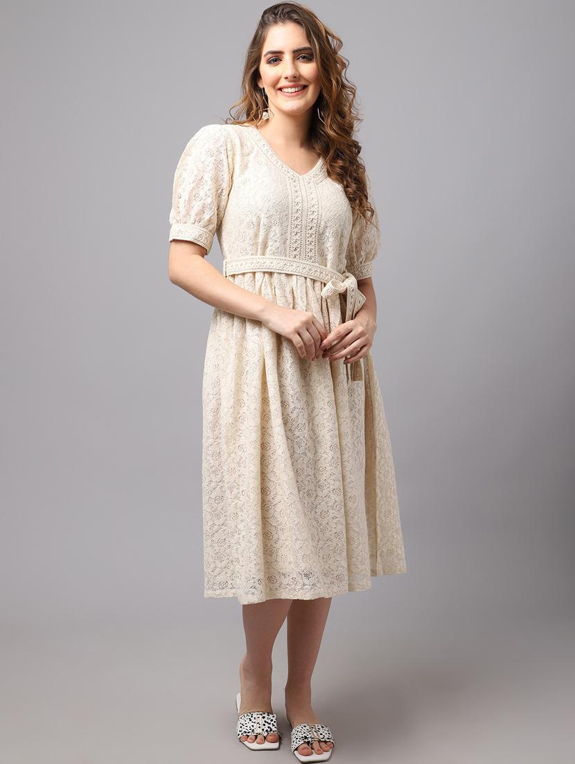 beige self design a-line dress - 20083331 - Standard Image - 4