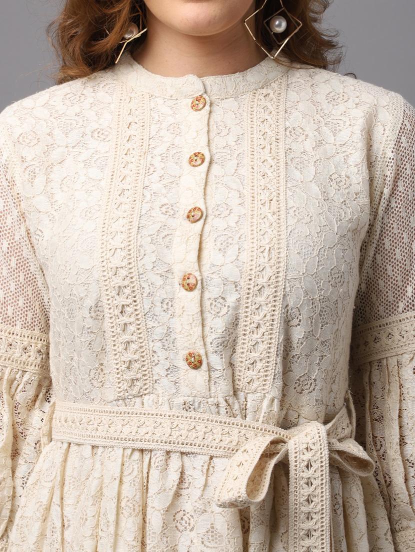 beige self design a-line dress - 20083332 - Zoom Image - 5