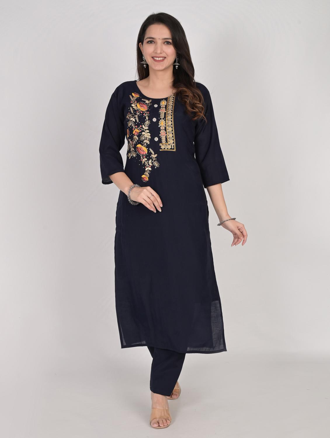 navy blue round neck kurta pant set with dupatta - 20115252 - Standard Image - 2