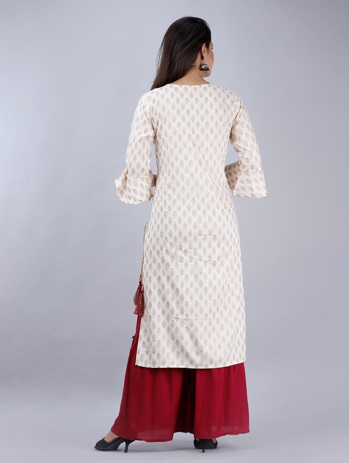 white printed three quarter sleeve kurta sharara set - 20132908 - Standard Image - 3