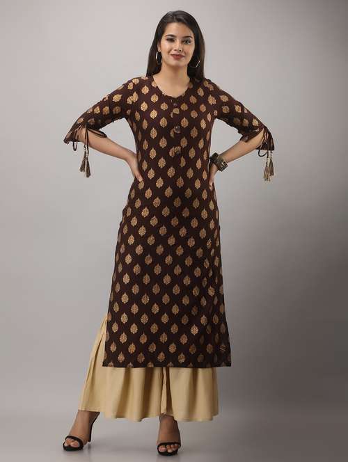 brown printed three quarter sleeve kurta sharara set - 20132926 - Very Small Image - 1