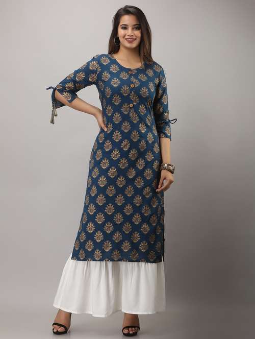 blue printed three quarter sleeve kurta sharara set - 20132933 - Very Small Image - 1