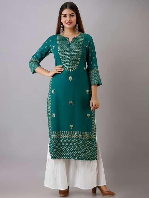 green printed three quarter sleeve kurta sharara set - 20132944 - Very Small Image - 1