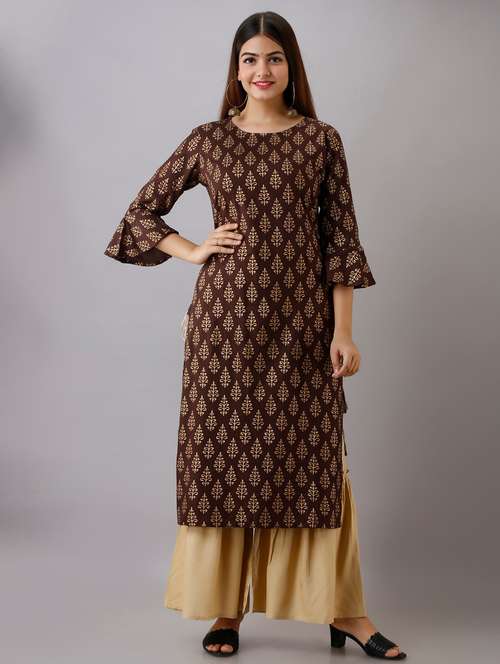 brown printed three quarter sleeve kurta sharara set - 20132945 - Very Small Image - 1
