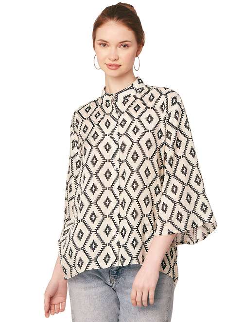 beige mandarin neck printed shirt - 20148978 - Very Small Image - 1