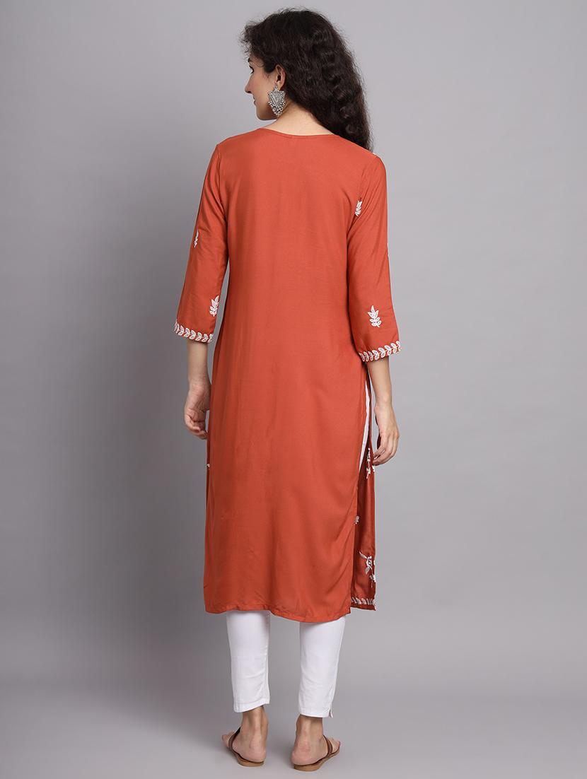 round neck embroidered straight kurta - 20152879 - Zoom Image - 4