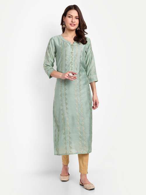 green three quarter sleeve straight kurta - 20165155 - Very Small Image - 1