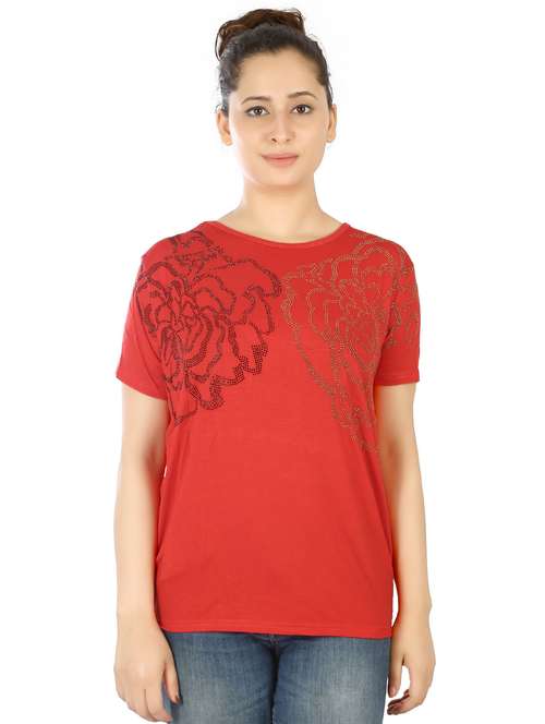 red round neck short sleeves regular top - 20166130 - Very Small Image - 1