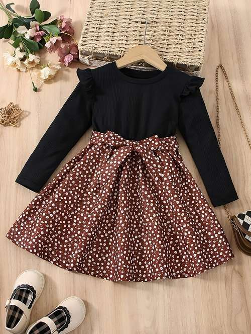 girls round neck long sleeves frock - 20166193 - Very Small Image - 1