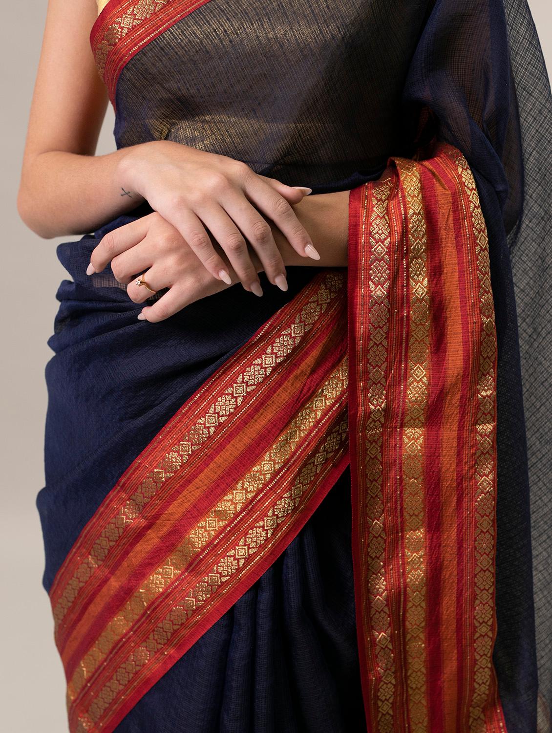 women's self design navy blue colored saree with blouse - 20168706 - Zoom Image - 4