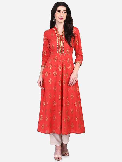 red cotton a-line kurta - 20172543 - Very Small Image - 1