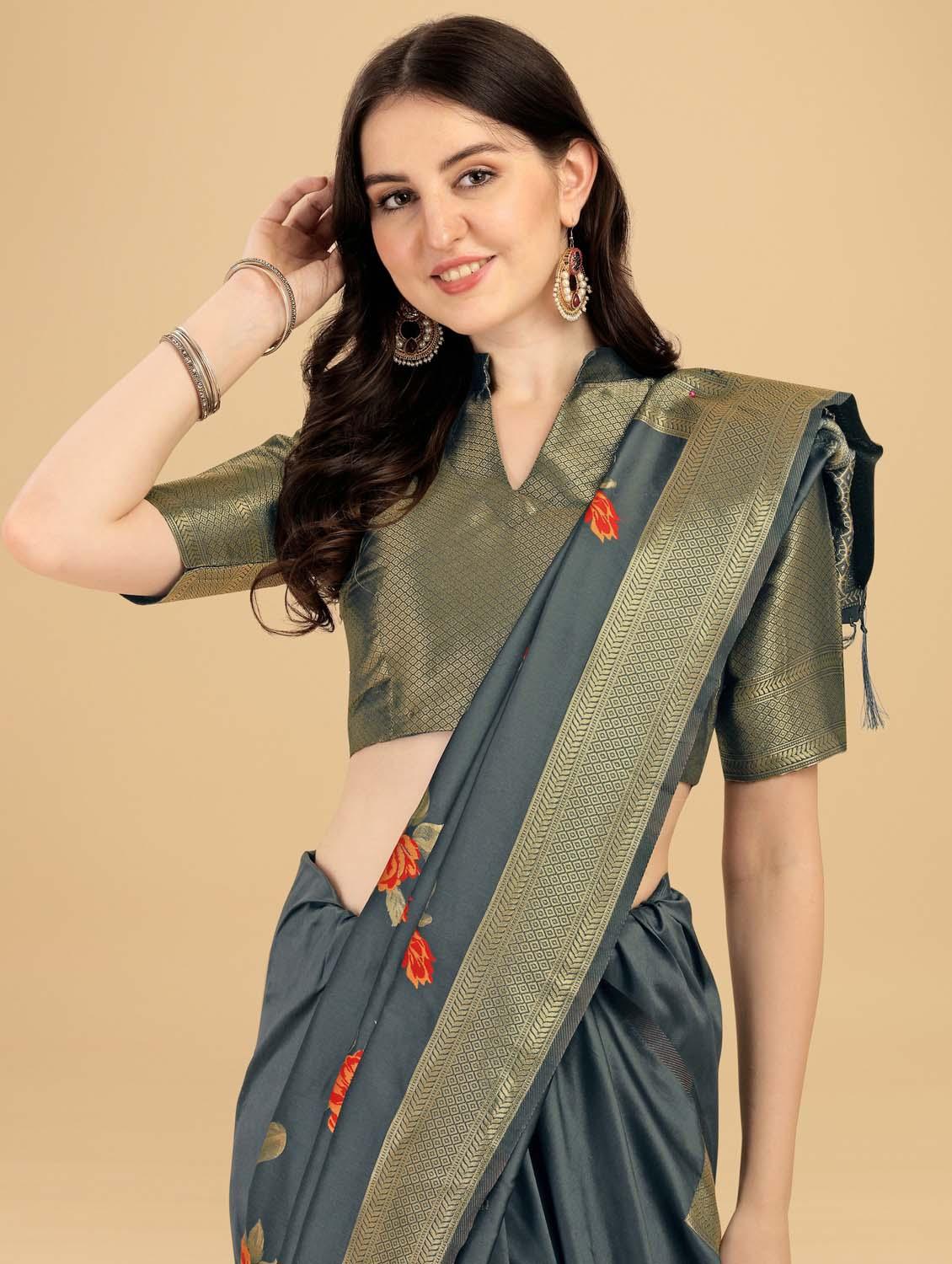 women's floral grey colored saree with blouse - 20175560 - Zoom Image - 2