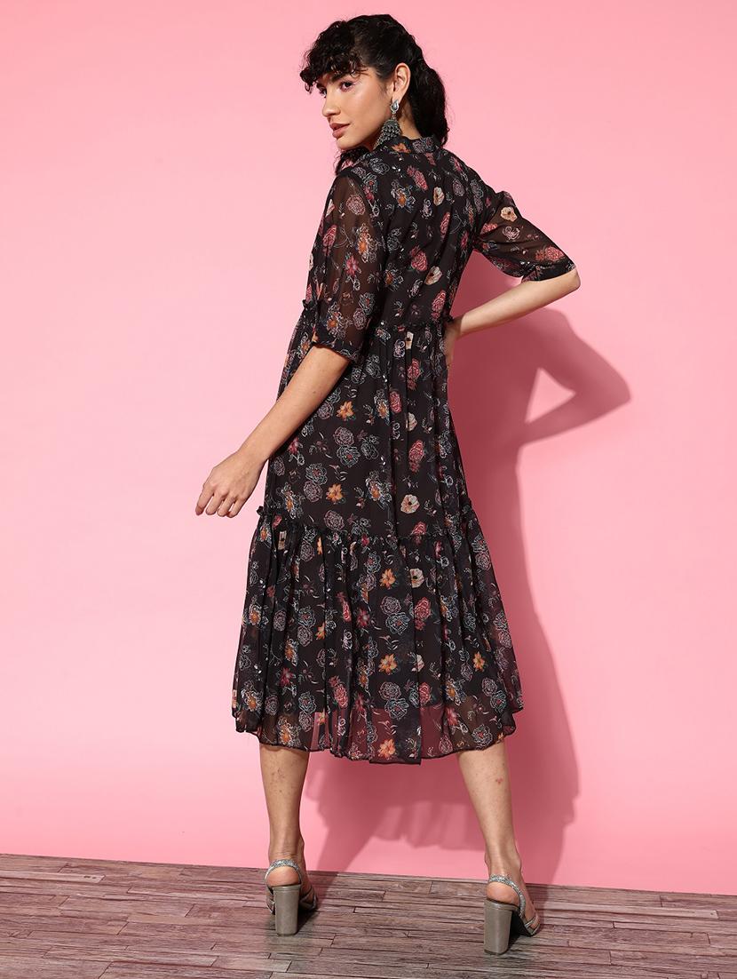 brown florals printed a-line dress - 20225507 - Zoom Image - 2