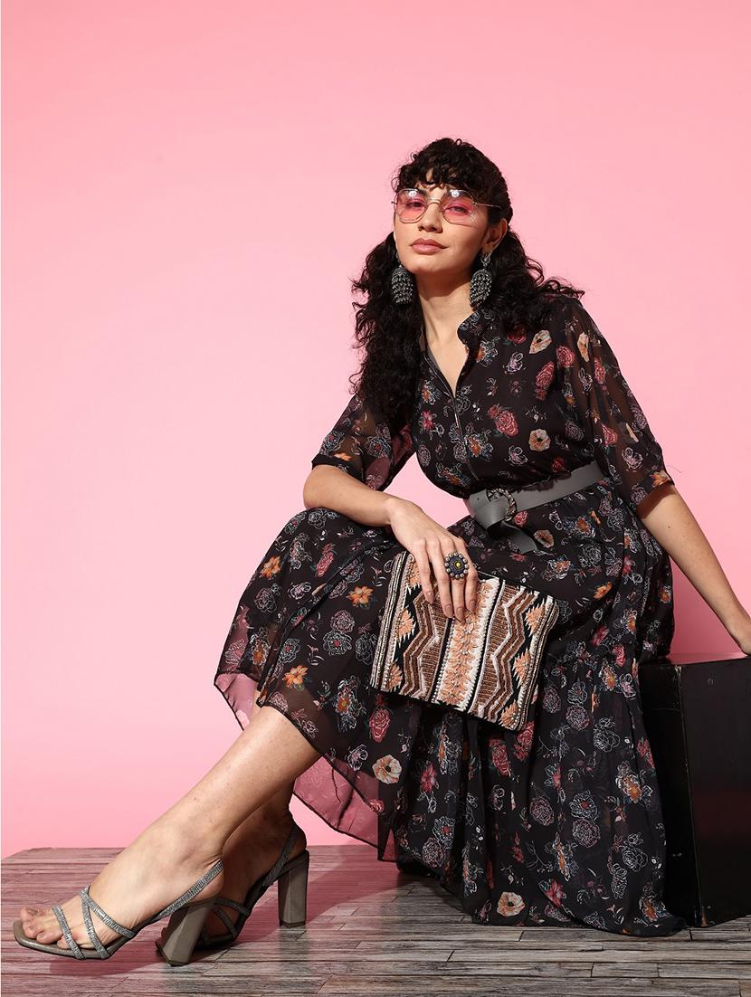 brown florals printed a-line dress - 20225507 - Standard Image - 3