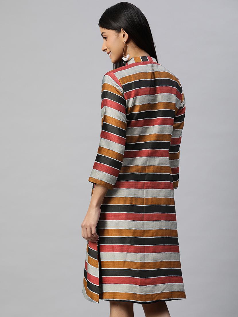 women multi color stripes mandarin neck a-line dress - 20225515 - Standard Image - 2