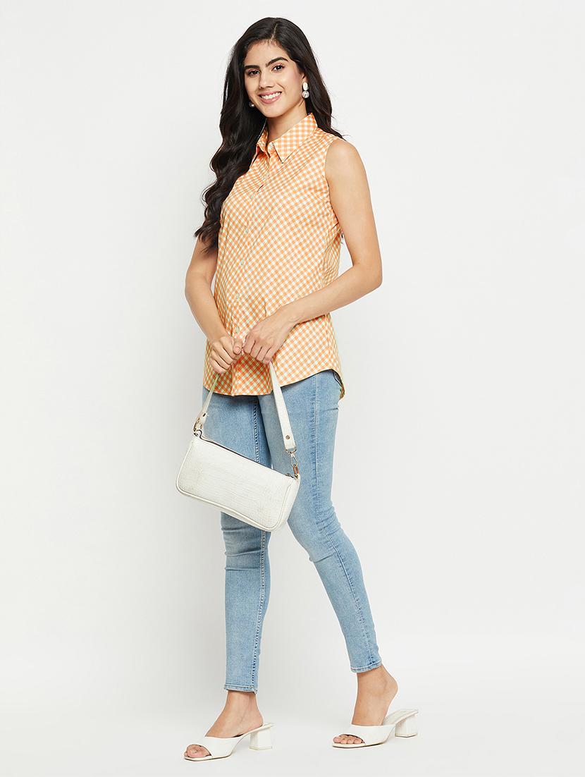 orange check print half sleeves shirt - 20249132 - Standard Image - 3