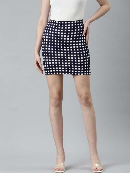 navy blue geometric print pencil skirt - 20249444 - Very Small Image - 1